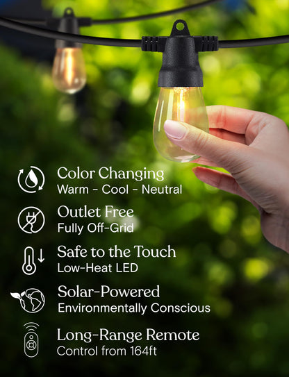 Brightech Ambience Pro 48 ft Outdoor Solar String Lights – Remote Color-Adjustable, Weatherproof