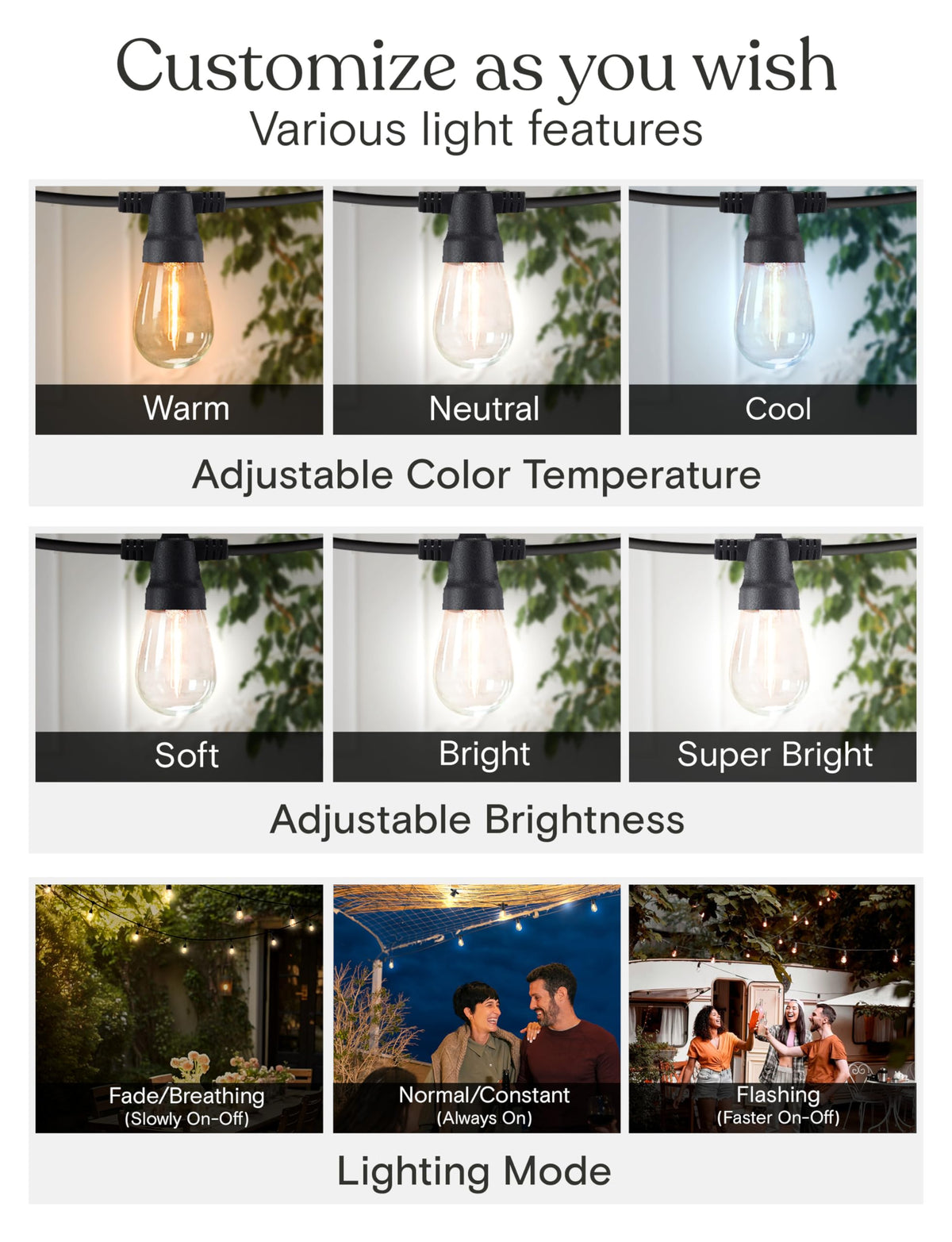 Brightech Ambience Pro 48 ft Outdoor Solar String Lights – Remote Color-Adjustable, Weatherproof