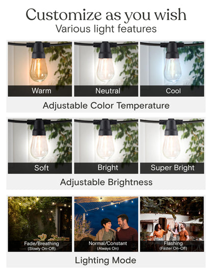 Brightech Ambience Pro 48 ft Outdoor Solar String Lights – Remote Color-Adjustable, Weatherproof