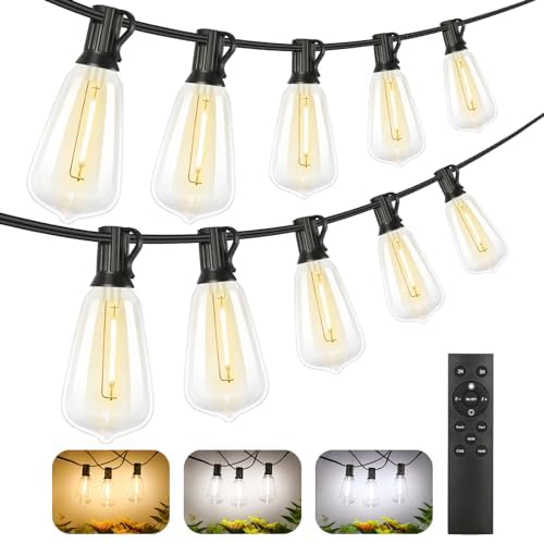Brightever 3-Color in 1 LED Outdoor String Lights – 100ft, Dimmable with Remote (2700K/4000K/5000K)