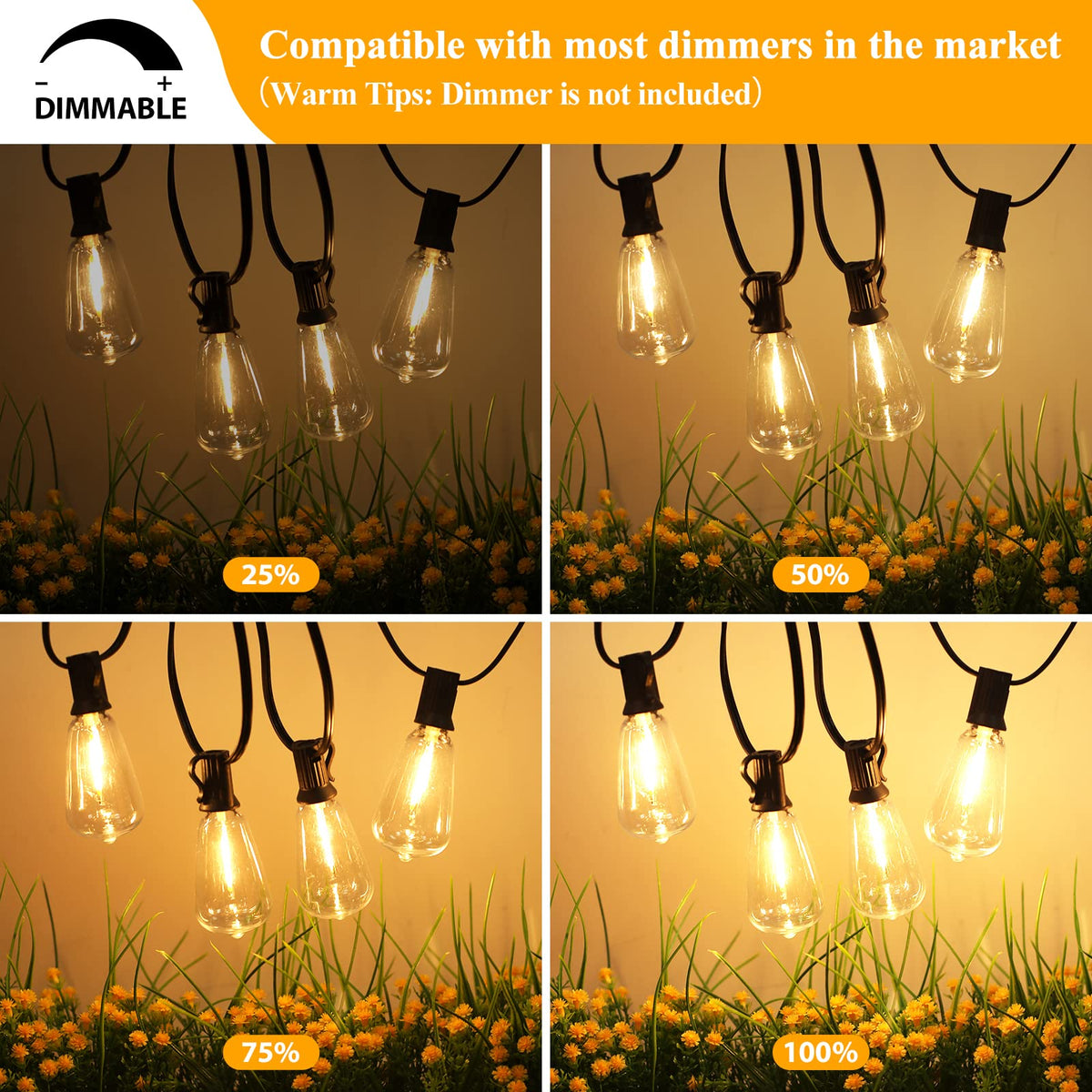 Brightever Outdoor String Lights 200ft – 104 LED Filament Bulbs, Weatherproof & Dimmable