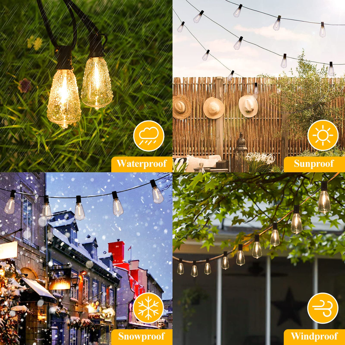 Brightever Outdoor String Lights 200ft – 104 LED Filament Bulbs, Weatherproof & Dimmable