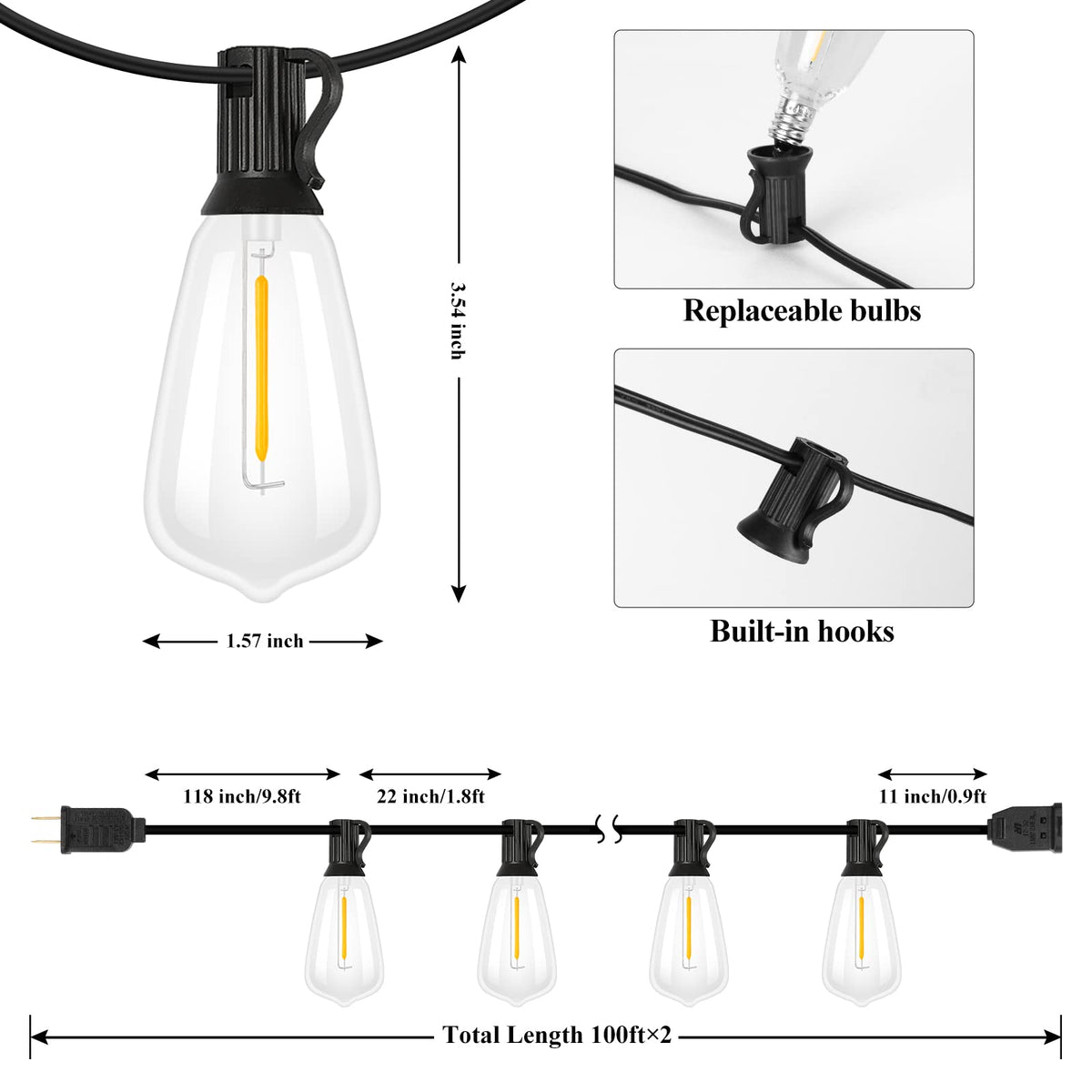Brightever Outdoor String Lights 200ft – 104 LED Filament Bulbs, Weatherproof & Dimmable