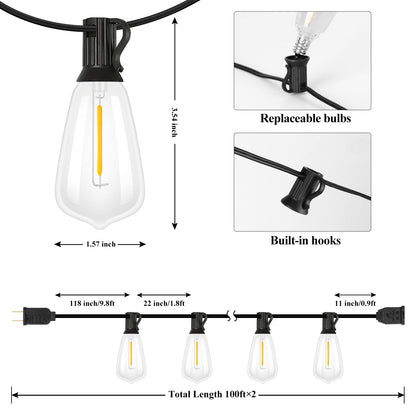 Brightever Outdoor String Lights 200ft – 104 LED Filament Bulbs, Weatherproof & Dimmable