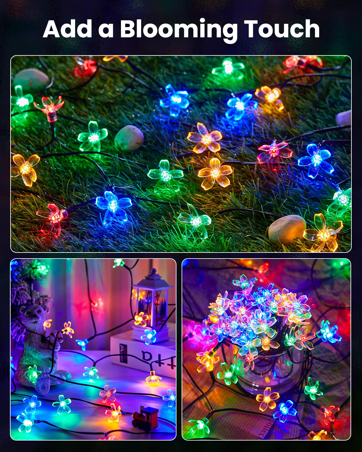 Brightown 2 Pack 52FT 120 LED Flower Solar String Lights – Multicolor
