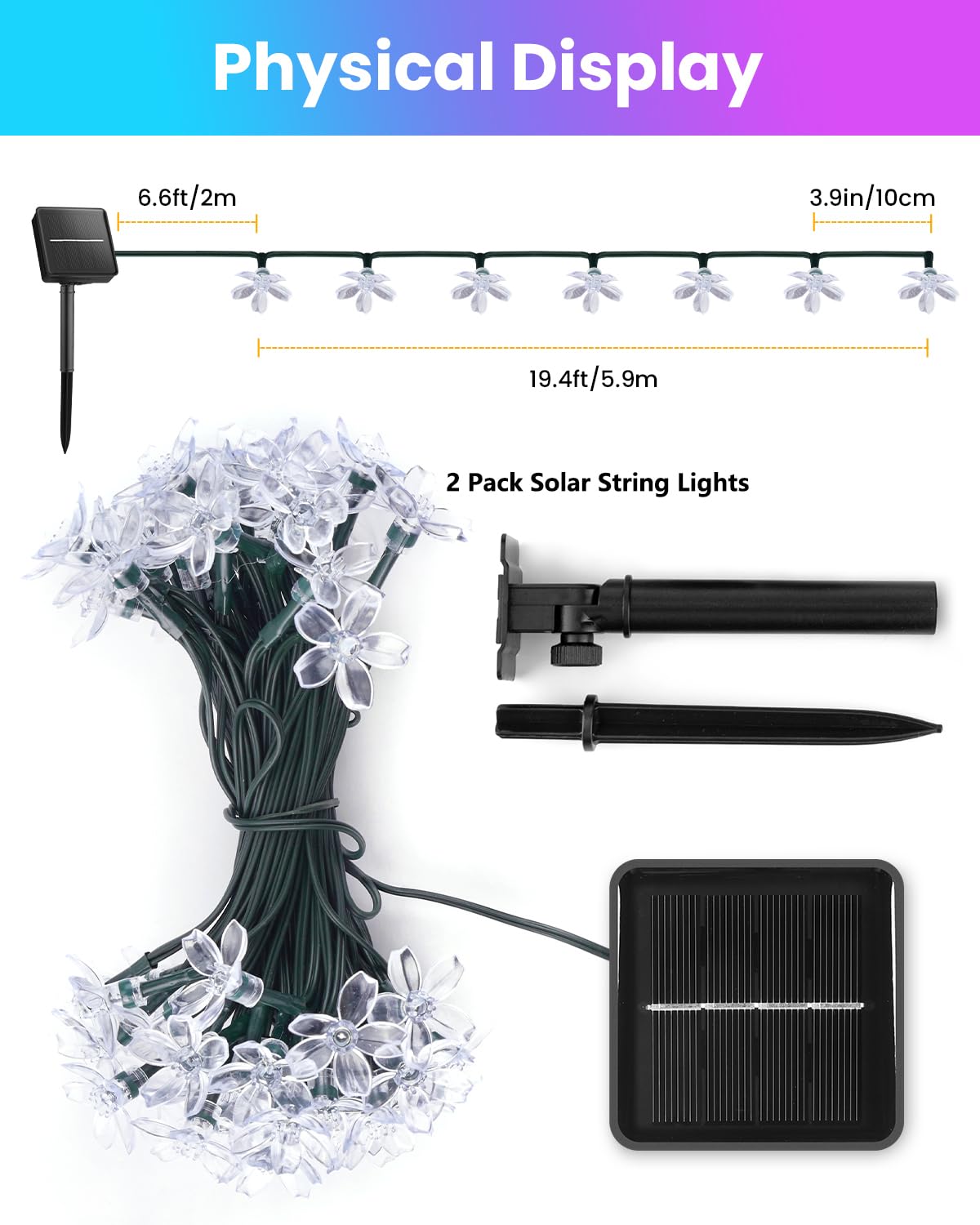 Brightown 2 Pack 52FT 120 LED Flower Solar String Lights – Multicolor