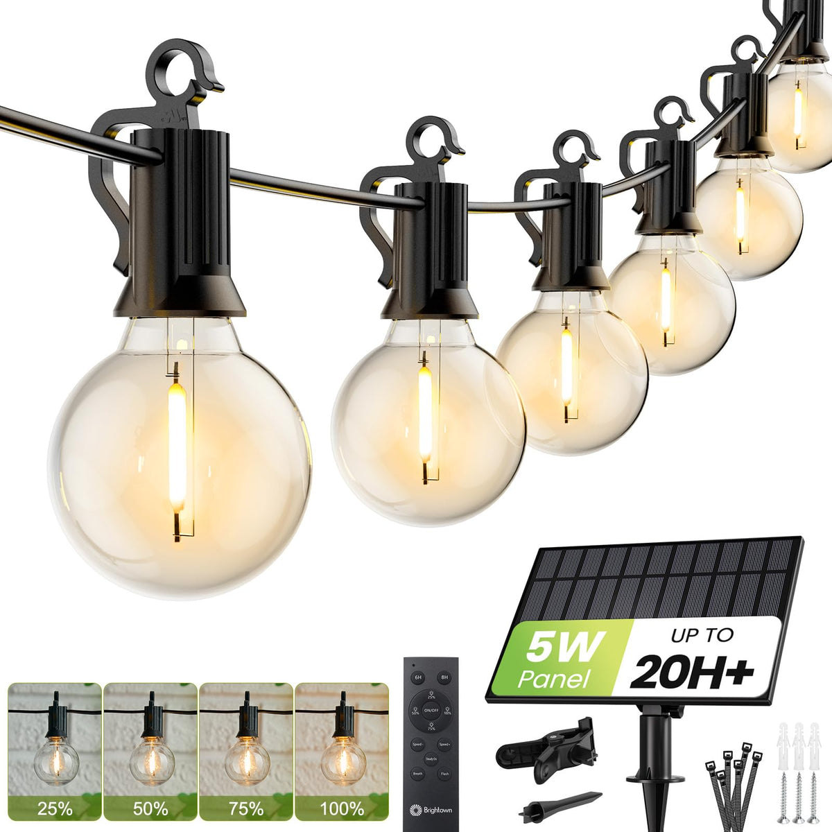 Brightown Outdoor String Lights 108ft — Remote Dimmable G40 LED Bulbs, IP65 Waterproof Patio Lighting