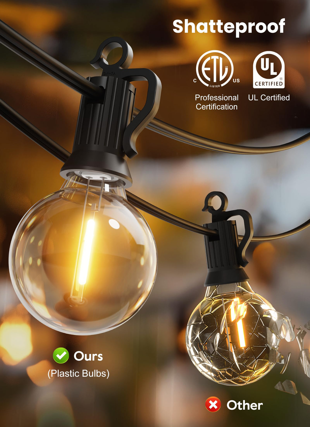 Brightown 30FT LED Outdoor String Lights | 25 Shatterproof Bulbs, Warm White