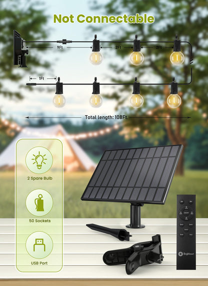 Brightown Outdoor String Lights 108ft — Remote Dimmable G40 LED Bulbs, IP65 Waterproof Patio Lighting