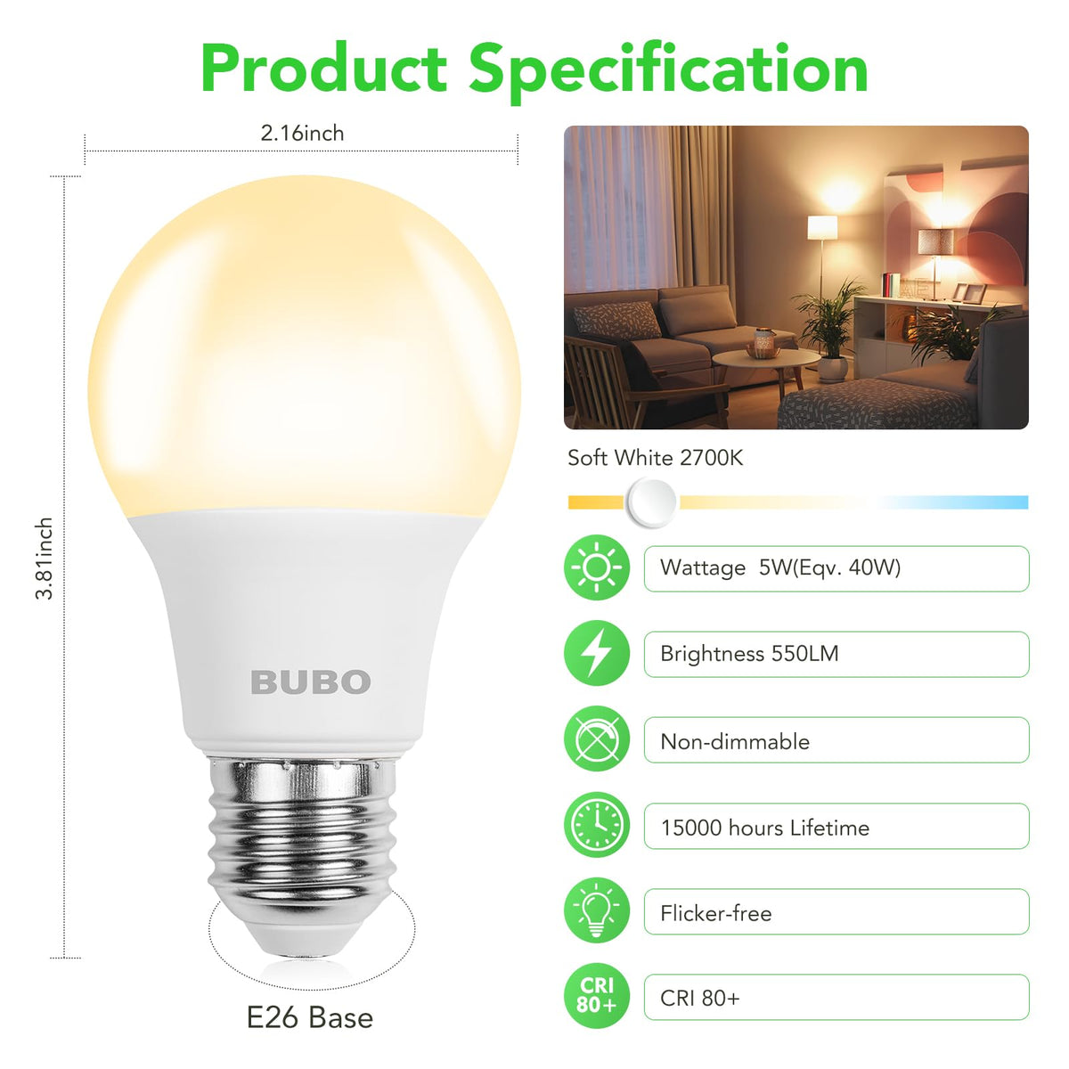 BUBO A19 LED Bulbs — 40W Equivalent, 5W, 2700K Soft White, 550 Lumens, E26, Non-Dimmable, 24 Pack