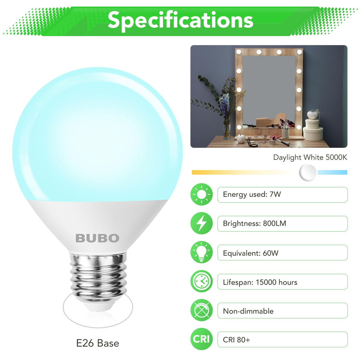 BUBO Vanity Light Bulbs 60W Equivalent – 5000K Daylight G25 LED, 7W, E26, Non-Dimmable, 6 Pack