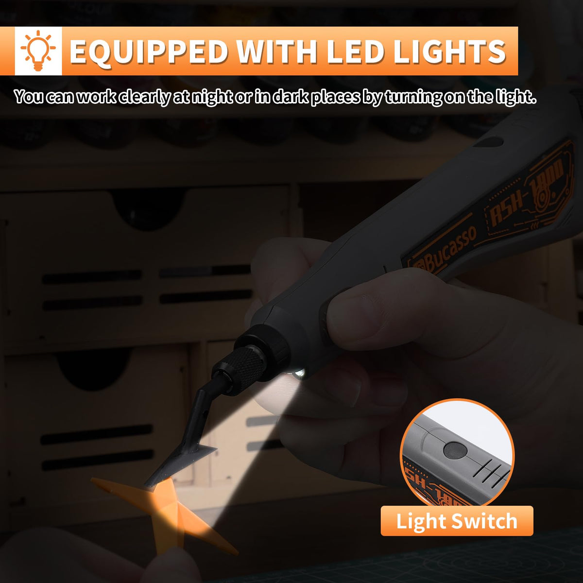 Bucasso Reciprocating Sander – Variable Speed, USB Charging, LED Light, 6 Sanding Heads