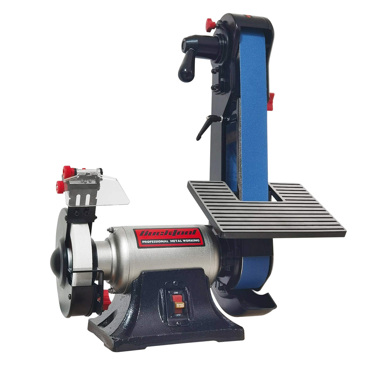 Bucktool BG2600 Combo: 2x42 Belt Sander, 6-inch Bench Grinder, Knife Sharpener with Large Work Tables