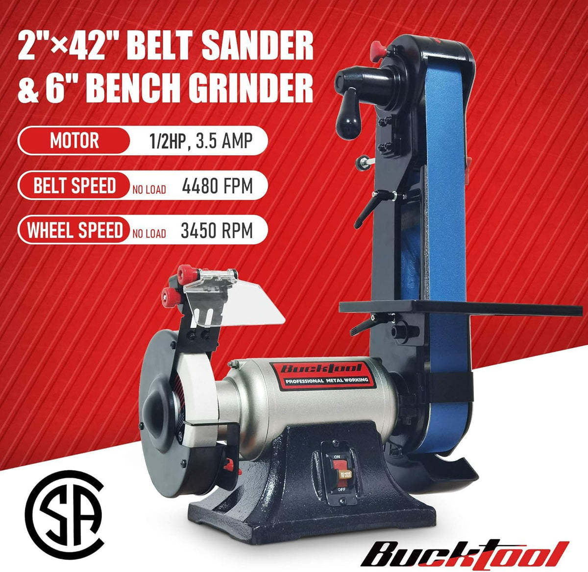 Bucktool BG2600 Combo: 2x42 Belt Sander, 6-inch Bench Grinder, Knife Sharpener with Large Work Tables