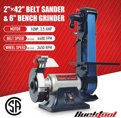 Bucktool BG2600 Combo: 2x42 Belt Sander, 6-inch Bench Grinder, Knife Sharpener with Large Work Tables