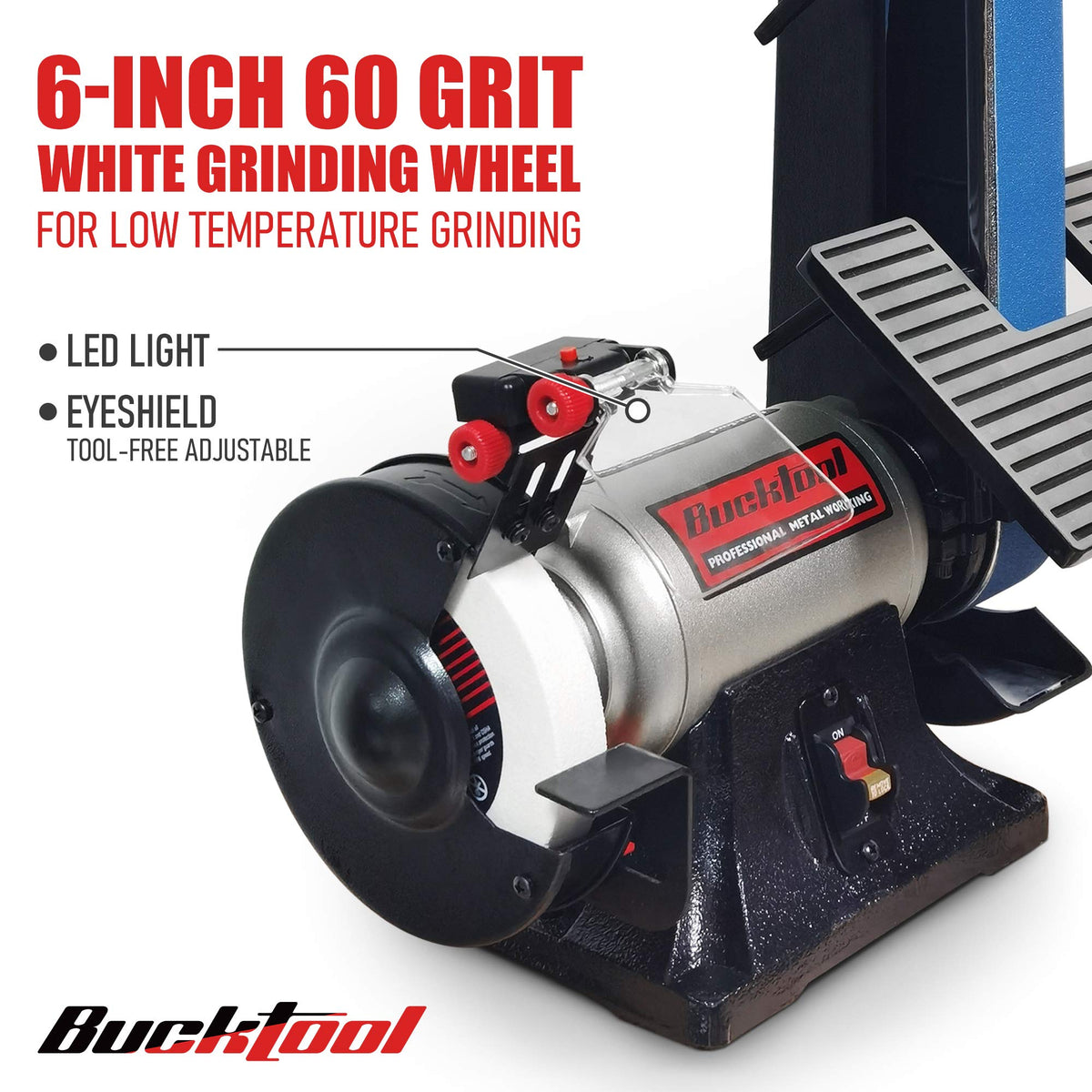 Bucktool BG2600 Combo: 2x42 Belt Sander, 6-inch Bench Grinder, Knife Sharpener with Large Work Tables