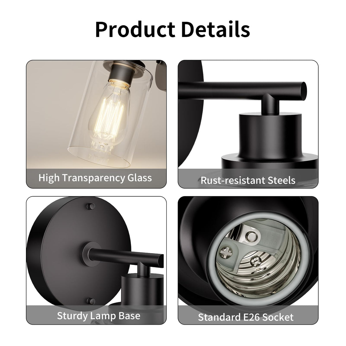 BUTHY Black Wall Sconce Light | Modern Indoor Wall Fixture with E26 Base & Clear Glass Shade