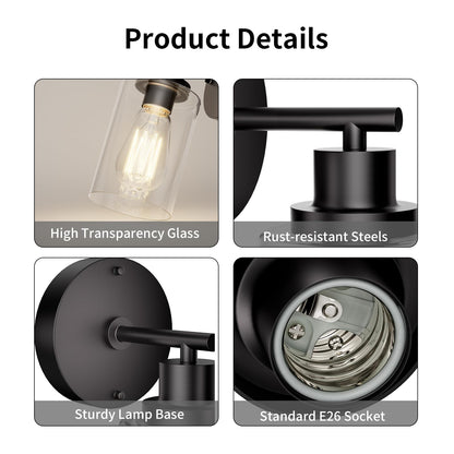 BUTHY Black Wall Sconce Light | Modern Indoor Wall Fixture with E26 Base & Clear Glass Shade