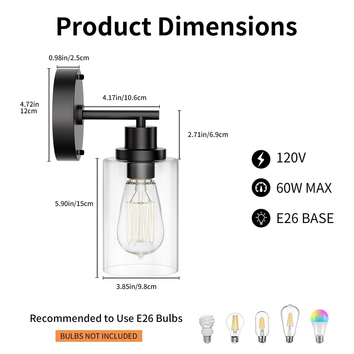 BUTHY Black Wall Sconce Light | Modern Indoor Wall Fixture with E26 Base & Clear Glass Shade