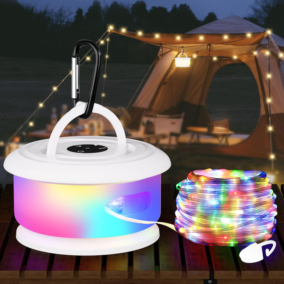 Bylitodt Camping String Lights — Retractable 32.8ft RGB LED Rope Lights