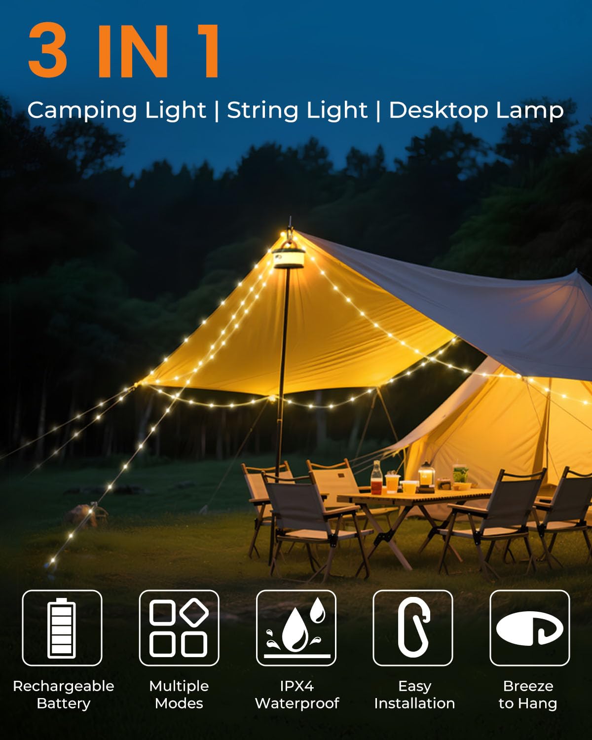 Bylitodt Camping String Lights — Retractable 32.8ft RGB LED Rope Lights