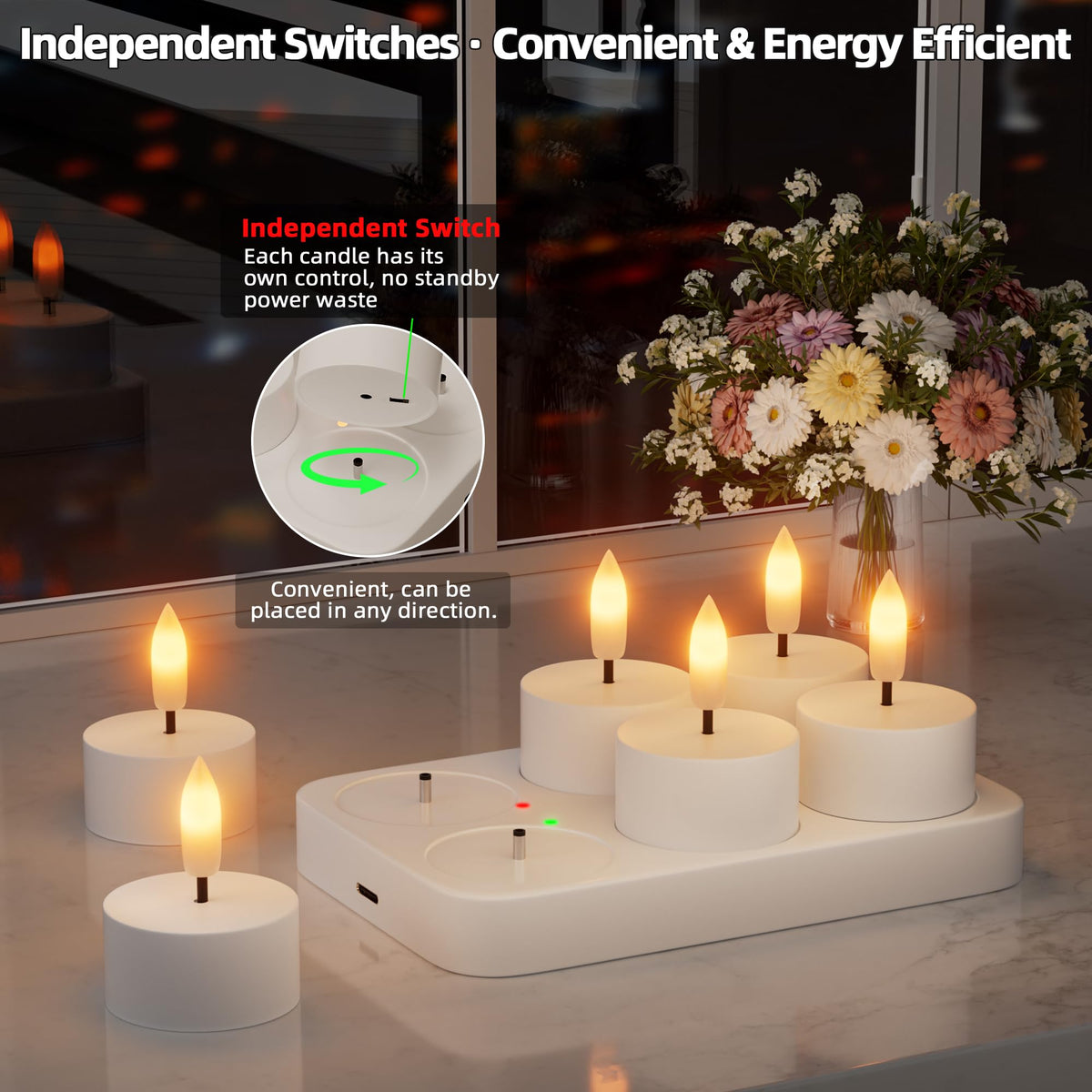 CAMCLIM Rechargeable Flameless Tea Lights with Charging Station – 6Pcs, Remote & Timer, Realistic Flicker, White