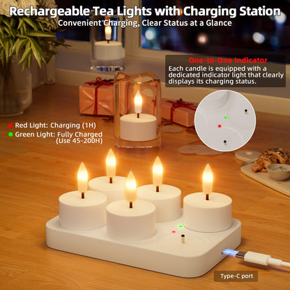 CAMCLIM Rechargeable Flameless Tea Lights with Charging Station – 6Pcs, Remote & Timer, Realistic Flicker, White