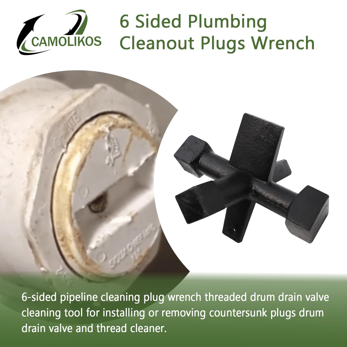 CAMOLIKOS 6-Sided Cleanout Wrench for Drum Traps, Countersunk Plugs & Threaded Cleanouts