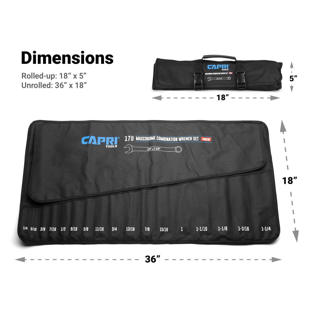 Capri Tools Wrench Roll Up Pouch, SAE, 17 Pockets, Black | Durable Canvas Organizer
