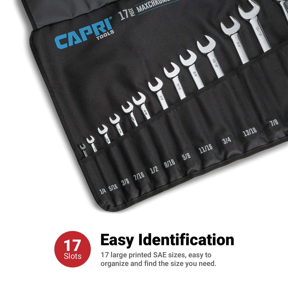 Capri Tools Wrench Roll Up Pouch, SAE, 17 Pockets, Black | Durable Canvas Organizer