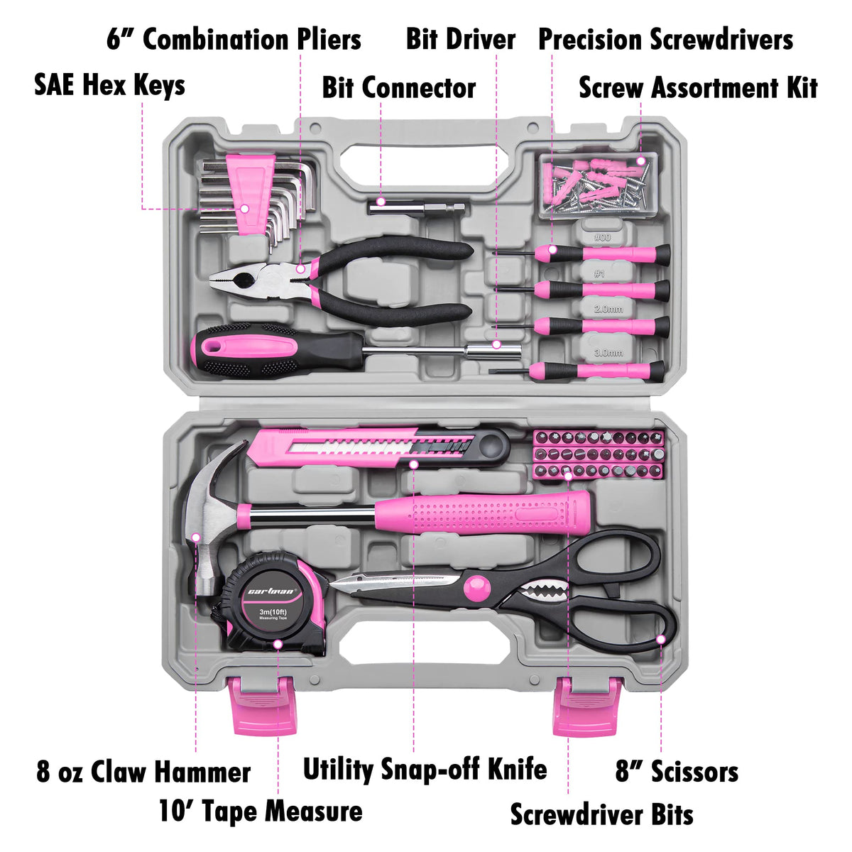 CARTMAN Home Tool Set Kit – Basic Household Tools with Storage Case (Light Pink)