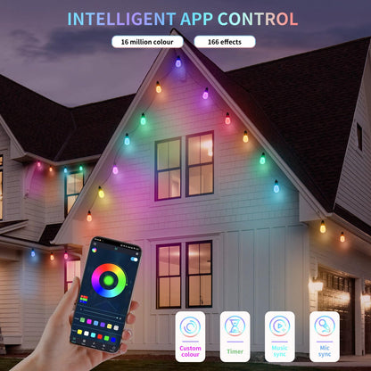 CAWWS Outdoor String Lights 75FT – 30 Dimmable RGBW LEDs, IP66, 24V Adapter, App Control