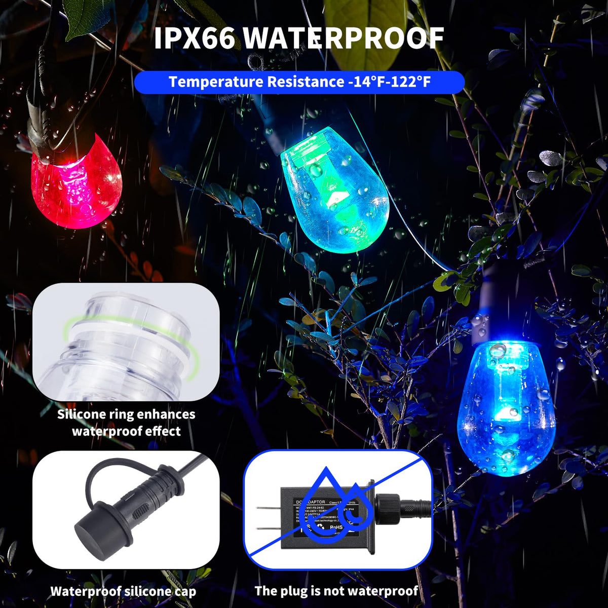 CAWWS Outdoor String Lights 75FT – 30 Dimmable RGBW LEDs, IP66, 24V Adapter, App Control