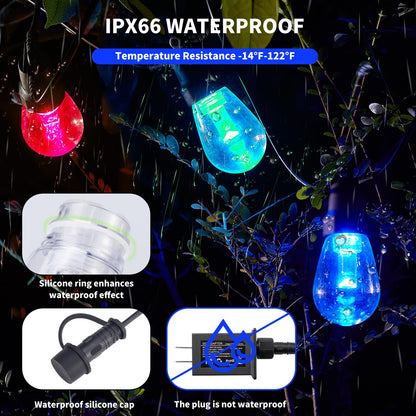 CAWWS Outdoor String Lights 75FT – 30 Dimmable RGBW LEDs, IP66, 24V Adapter, App Control
