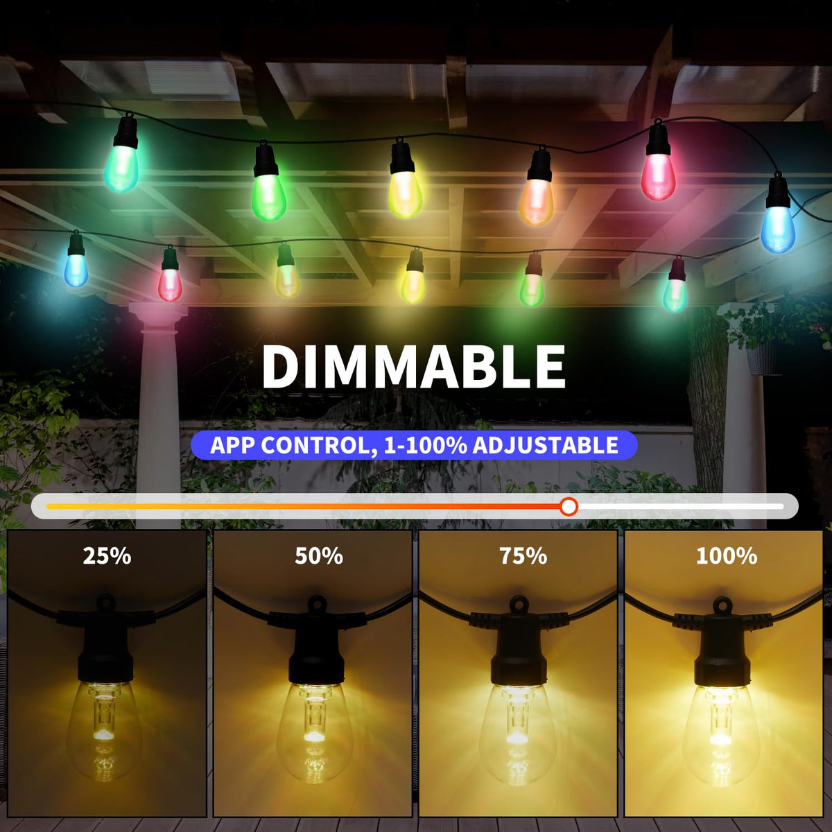 CAWWS Outdoor String Lights 75FT – 30 Dimmable RGBW LEDs, IP66, 24V Adapter, App Control
