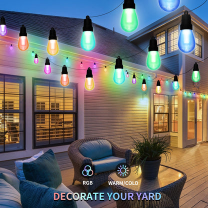 CAWWS Outdoor String Lights 75FT – 30 Dimmable RGBW LEDs, IP66, 24V Adapter, App Control