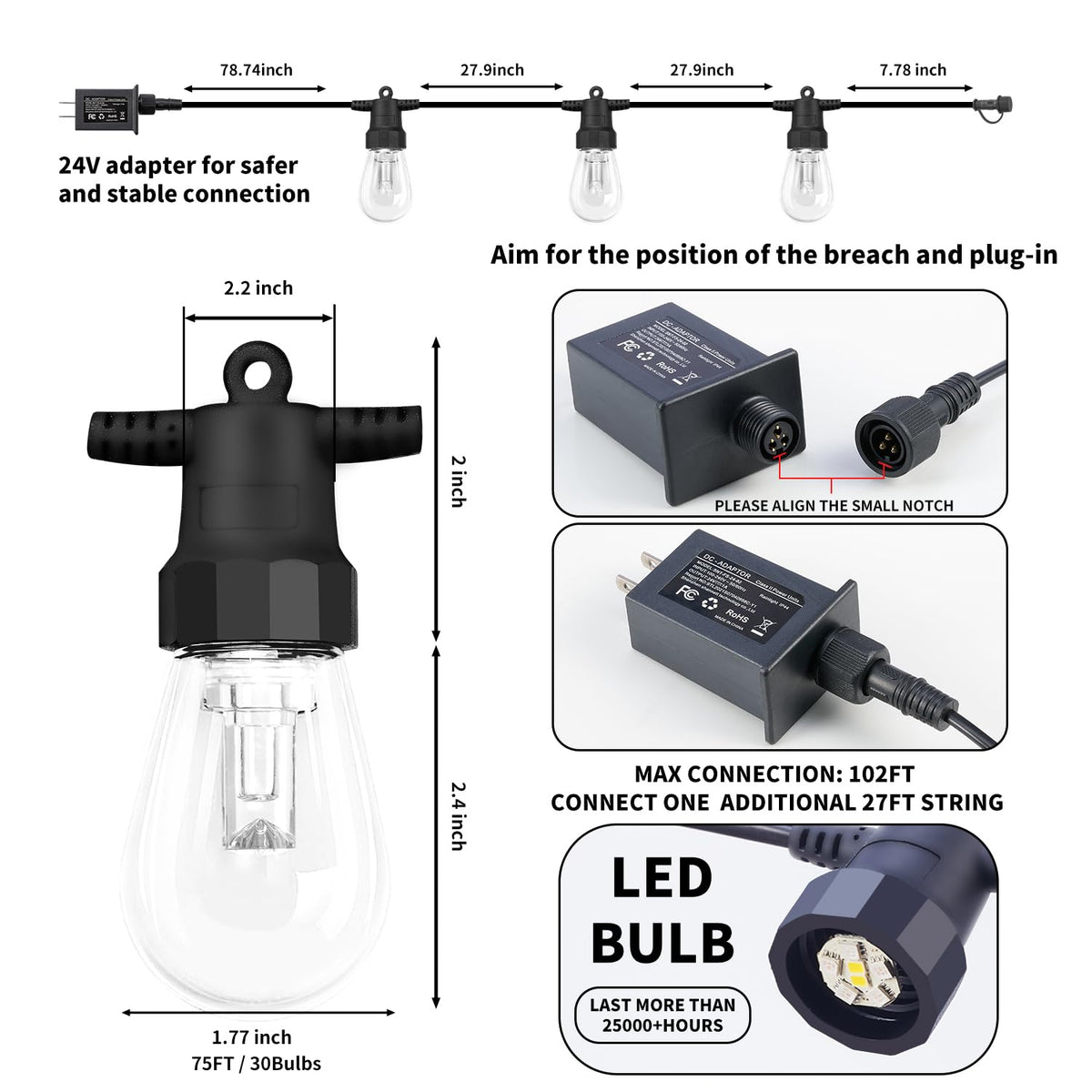 CAWWS Outdoor String Lights 75FT – 30 Dimmable RGBW LEDs, IP66, 24V Adapter, App Control