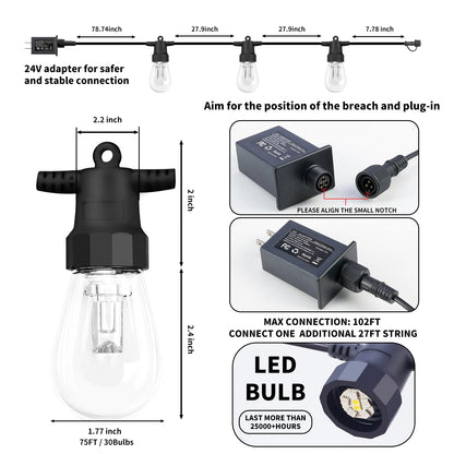 CAWWS Outdoor String Lights 75FT – 30 Dimmable RGBW LEDs, IP66, 24V Adapter, App Control