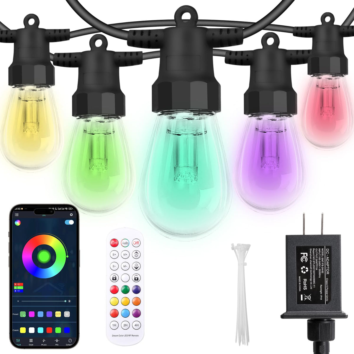 CAWWS Outdoor String Lights 75FT – 30 Dimmable RGBW LEDs, IP66, 24V Adapter, App Control