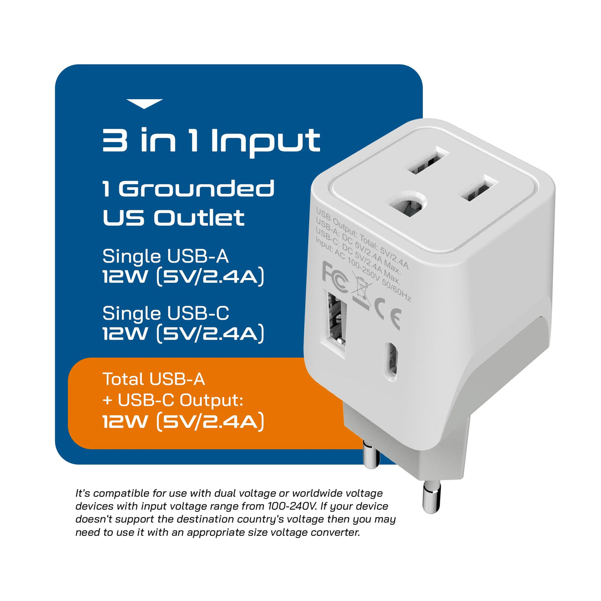Ceptics European & Egypt Travel Adapter Plug with Dual USB – Type-C, US Input – 2-Pack