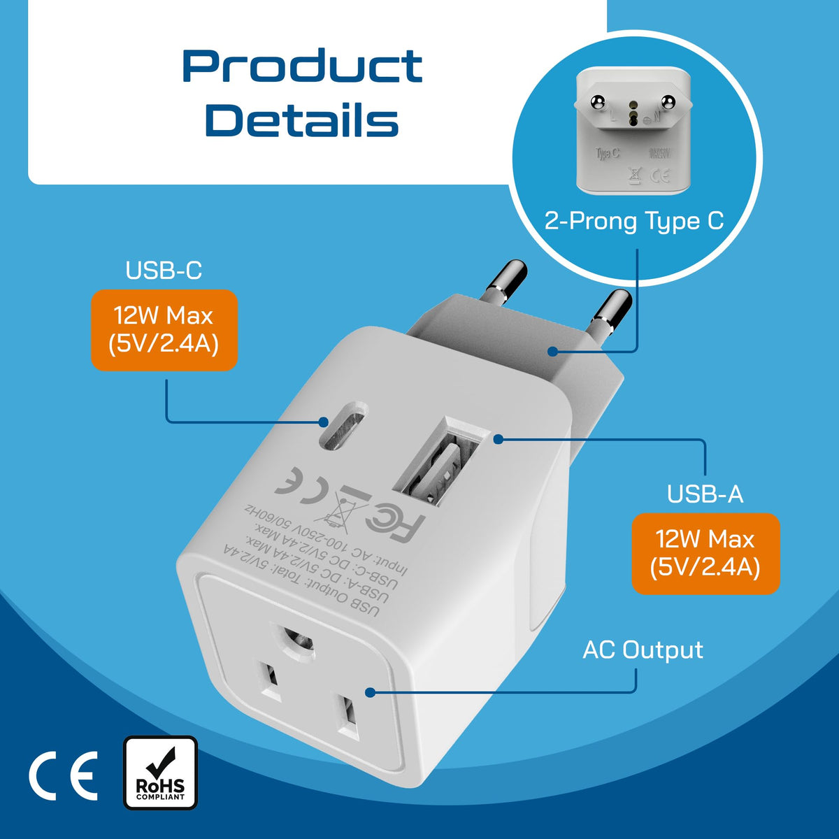 Ceptics European & Egypt Travel Adapter Plug with Dual USB – Type-C, US Input – 2-Pack