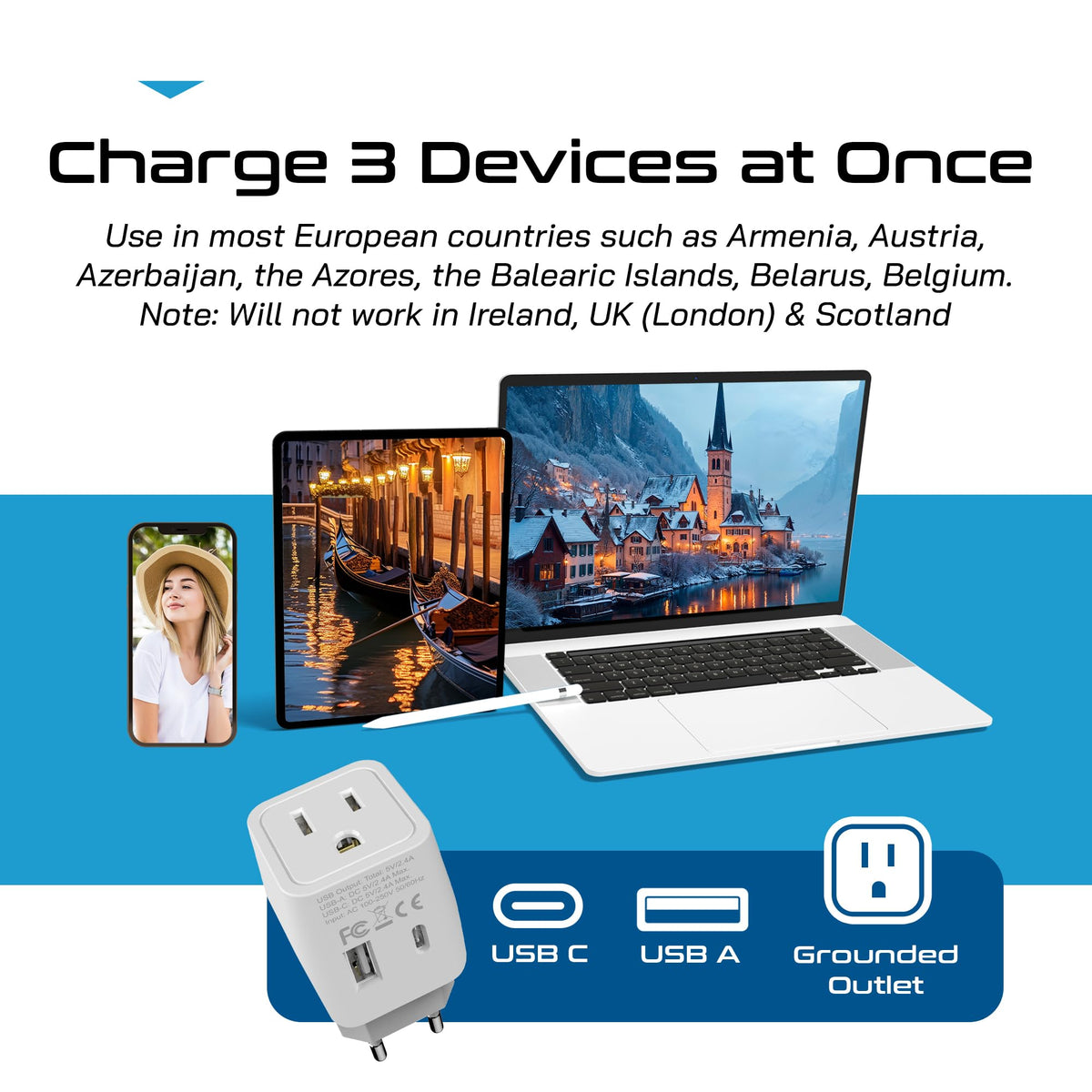Ceptics European & Egypt Travel Adapter Plug with Dual USB – Type-C, US Input – 2-Pack