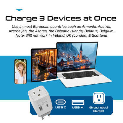 Ceptics European & Egypt Travel Adapter Plug with Dual USB – Type-C, US Input – 2-Pack