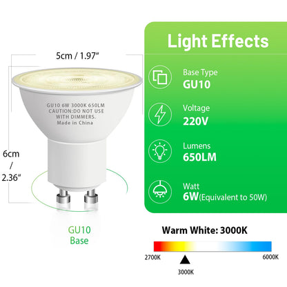 CFMASTER GU10 LED Bulb 6W (50W) 650lm 3000K Soft White – Non-Dimmable, GU10 Base, 10-Pack