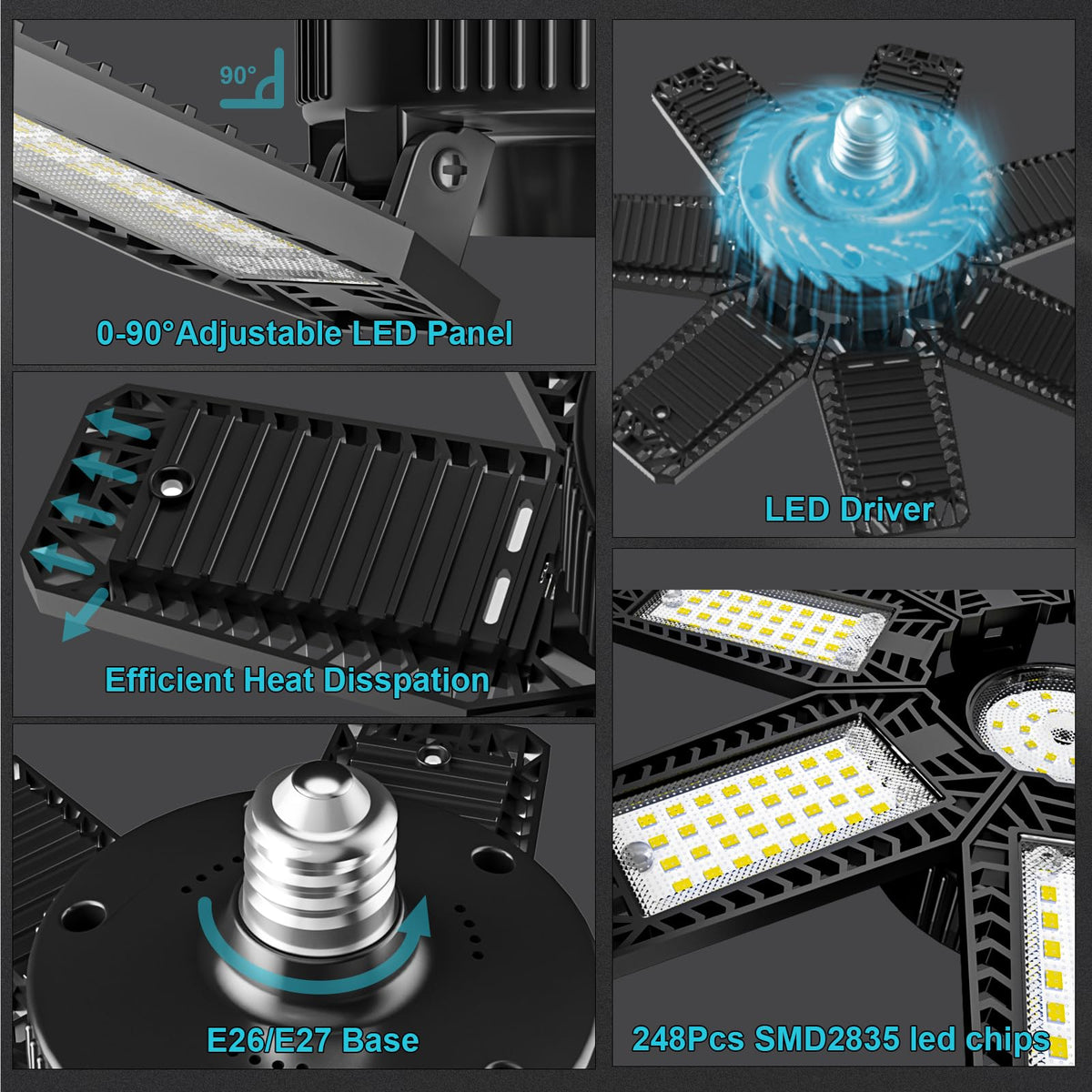 CHENGCHILIT LED Garage Light 200W 20000LM 6500K - 7+1 Panels, E26/E27 Socket