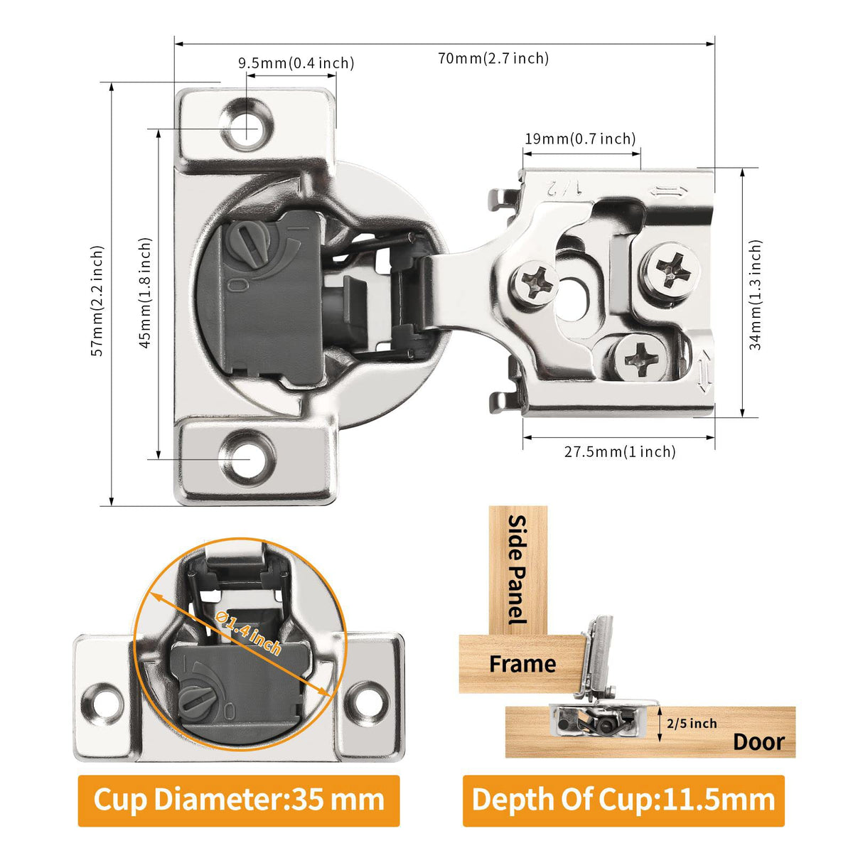 Chibery 10-Pack 1/2-Inch Overlay 4D Soft-Close Concealed Hinges, Satin Nickel