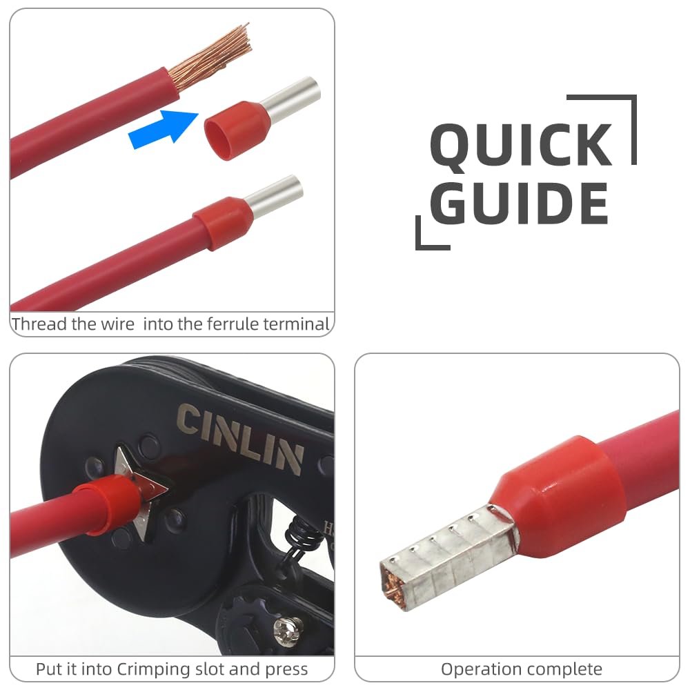 CINLIN Ferrule Crimping Tool Kit – Square Crimp Plier 23-7 AWG with 1380 Pcs Red Copper Terminals