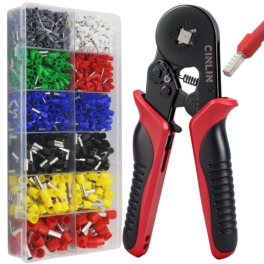 CINLIN Ferrule Crimping Tool Kit – Square Crimp Plier 23-7 AWG with 1380 Pcs Red Copper Terminals
