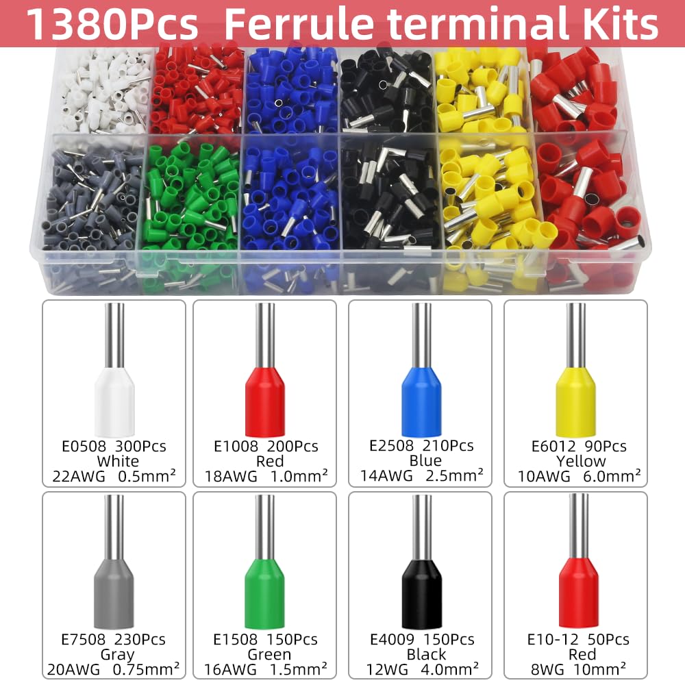 CINLIN Ferrule Crimping Tool Kit – Square Crimp Plier 23-7 AWG with 1380 Pcs Red Copper Terminals