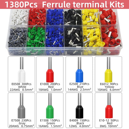 CINLIN Ferrule Crimping Tool Kit – Square Crimp Plier 23-7 AWG with 1380 Pcs Red Copper Terminals